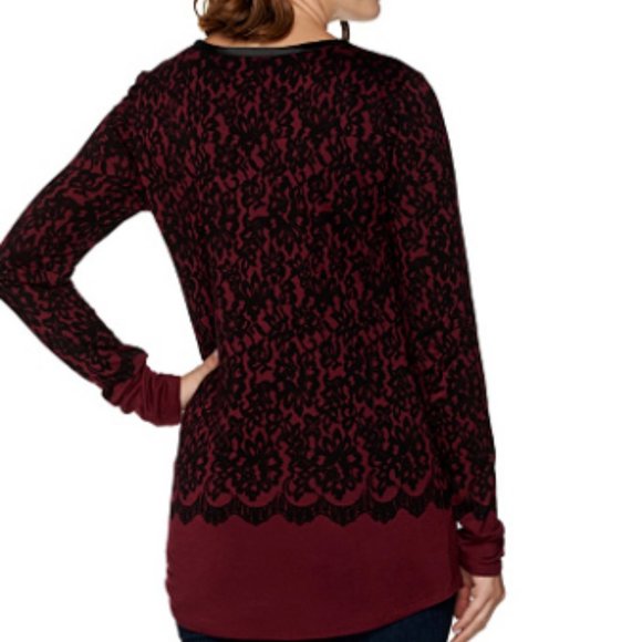 Kelly Clinton Kelly Printed Lace Jersey Scoop Top Satin Trim Wine M NEW - Picture 6 of 8